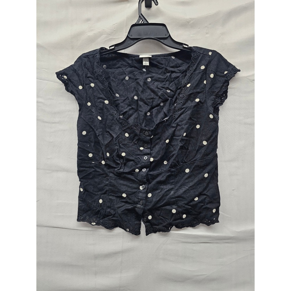 A New Day Womens Polka Dot Button Front Top Black Linen Blend Casual Size Medium
